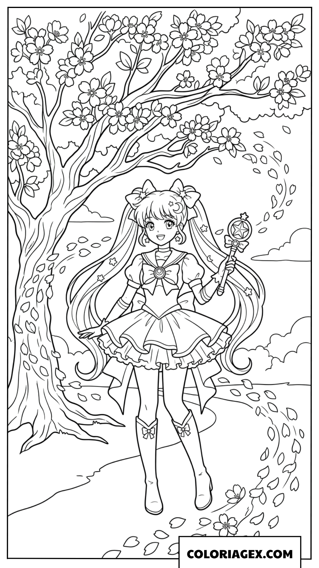 Coloriage d'une fille magique sous un cerisier en fleurs