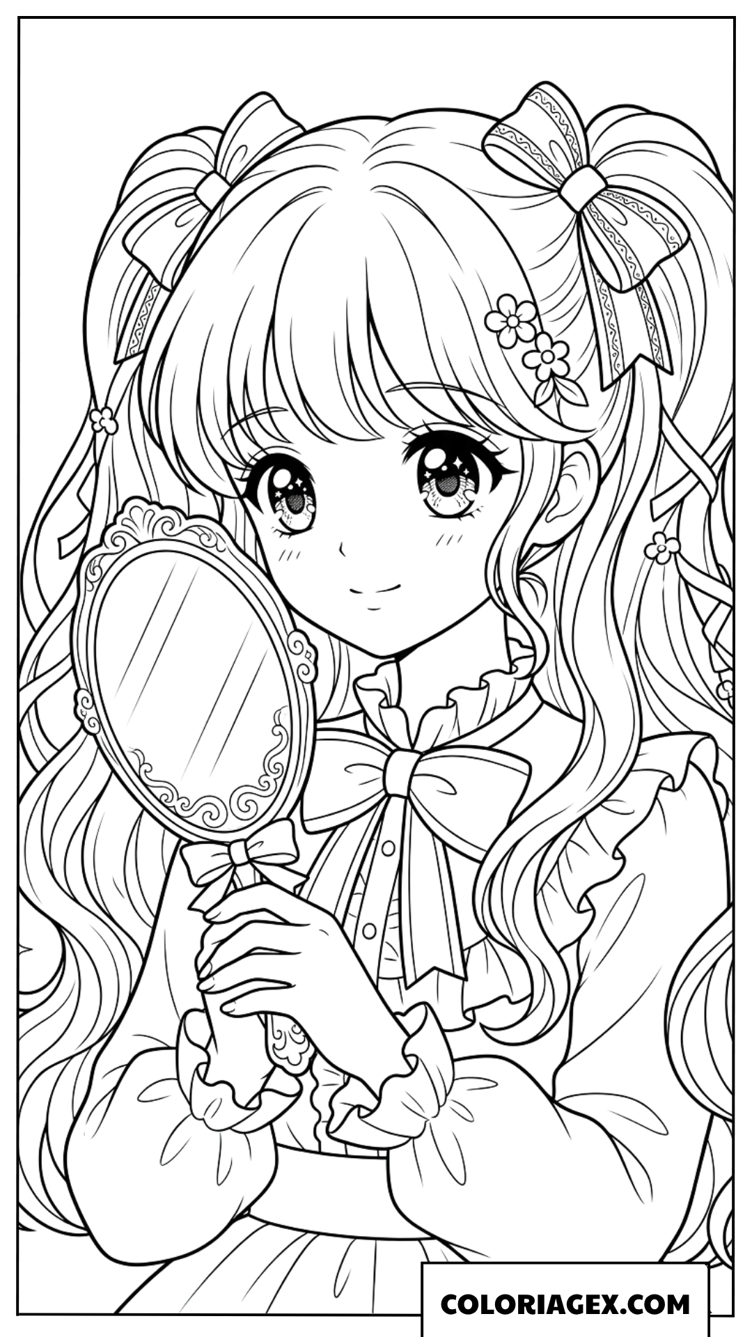 Coloriage d'une jolie fille anime se regardant dans un miroir