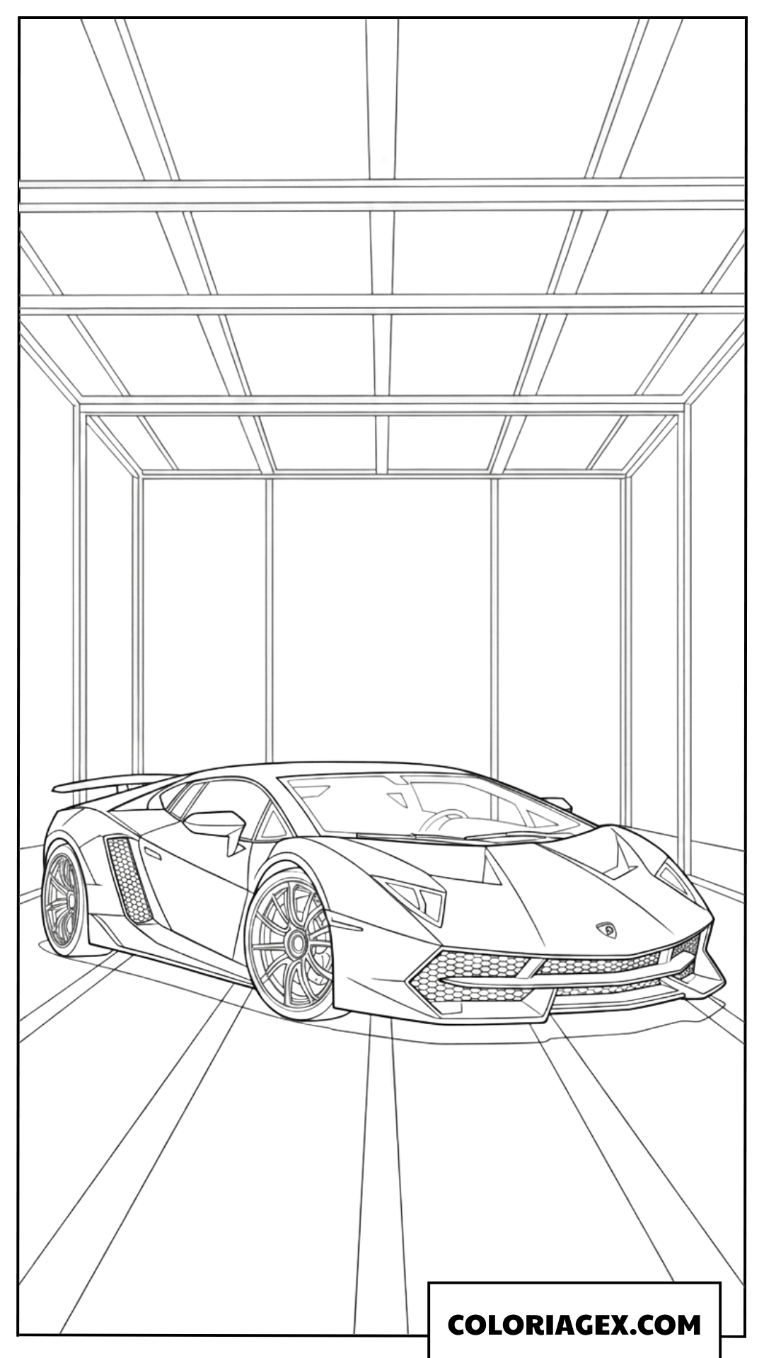 Coloriage d'une luxueuse supercar Lamborghini en showroom