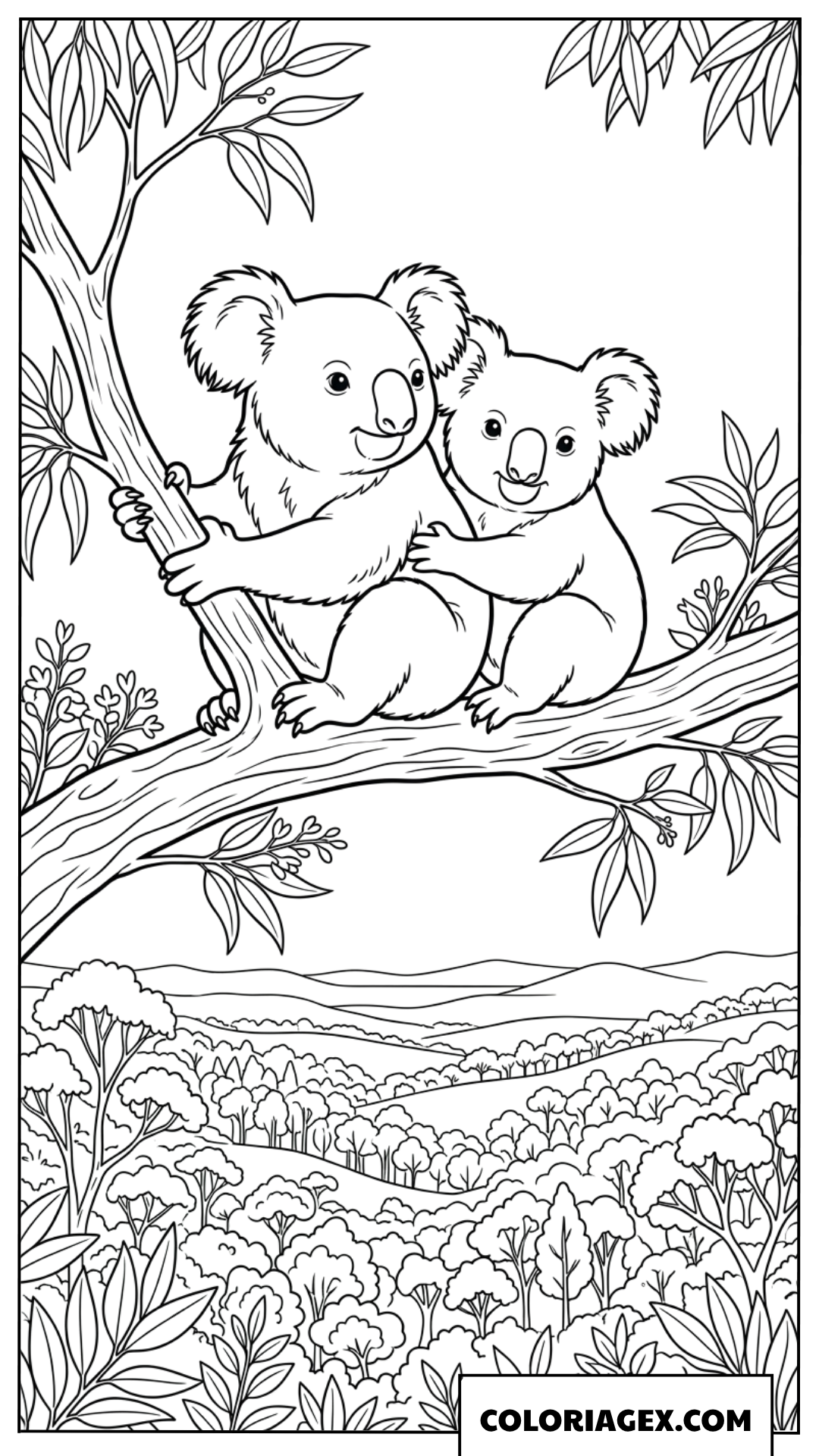 Coloriage dune maman koala avec son petit sur une branche