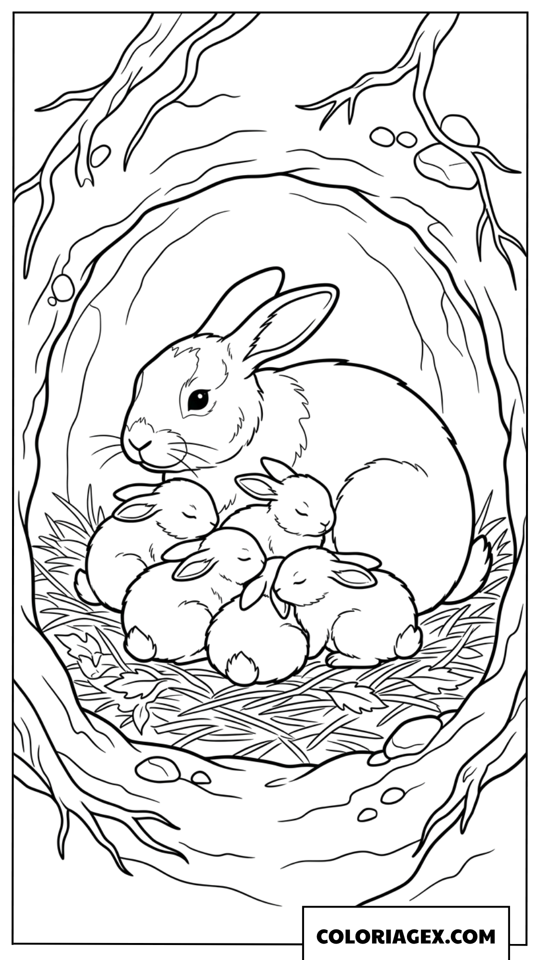 Coloriage d'une maman lapin avec ses bébés dans le terrier