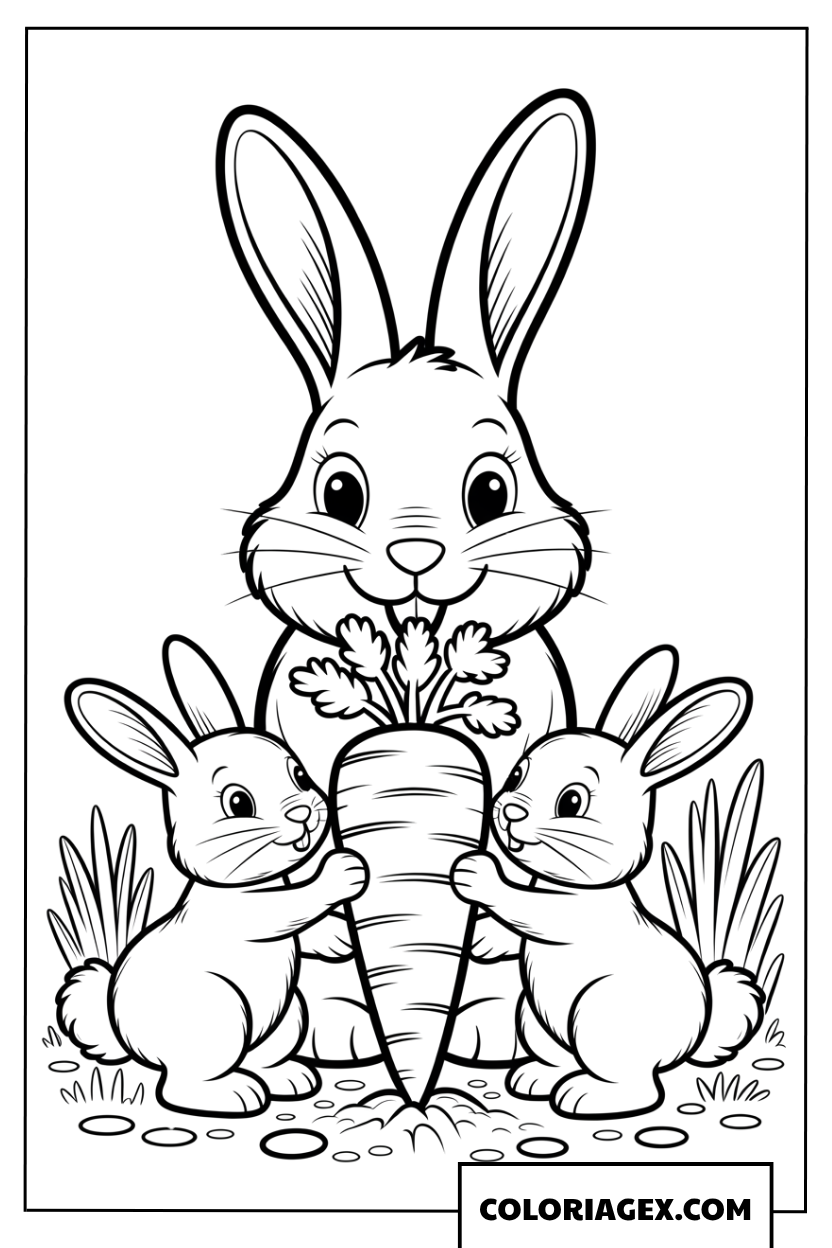 Coloriage d'une maman lapin et ses petits récoltant une carotte