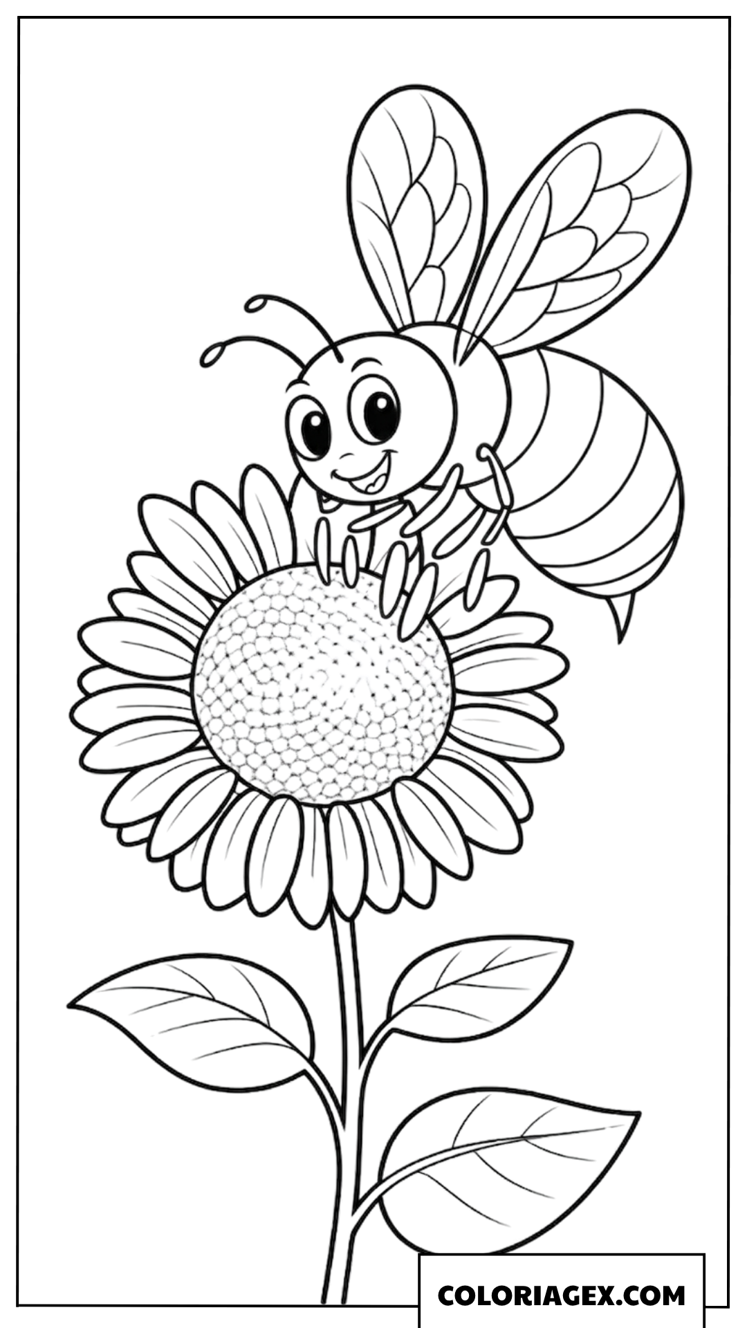 Coloriage d'une petite abeille heureuse sur un tournesol