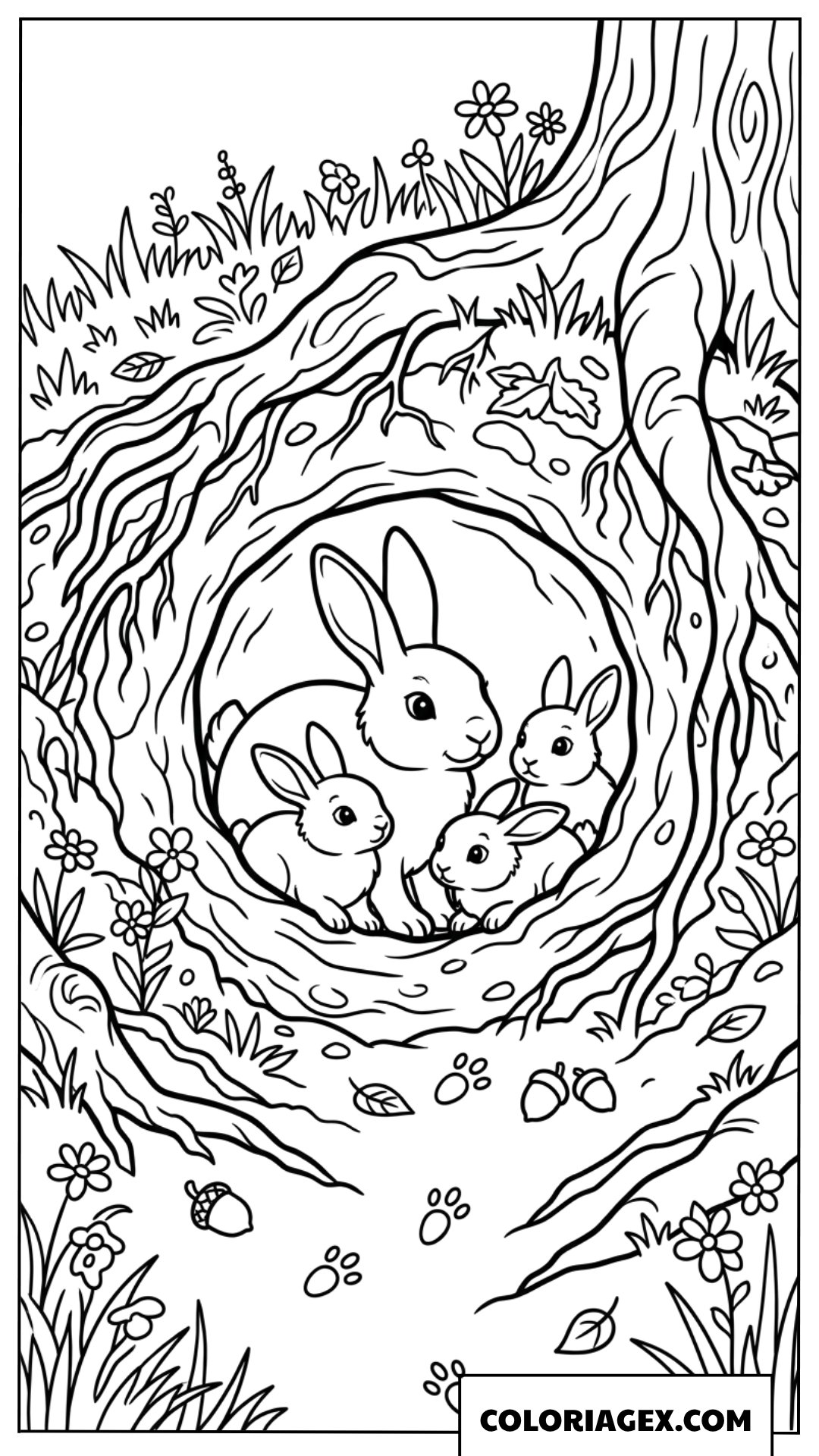 Coloriage d'une petite famille de lapins abritée dans un tronc d'arbre
