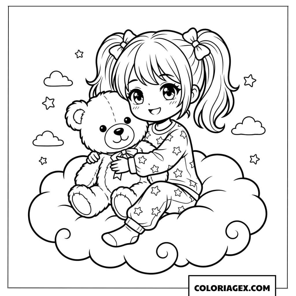 Coloriage dune petite fille chibi serrant son ours en peluche