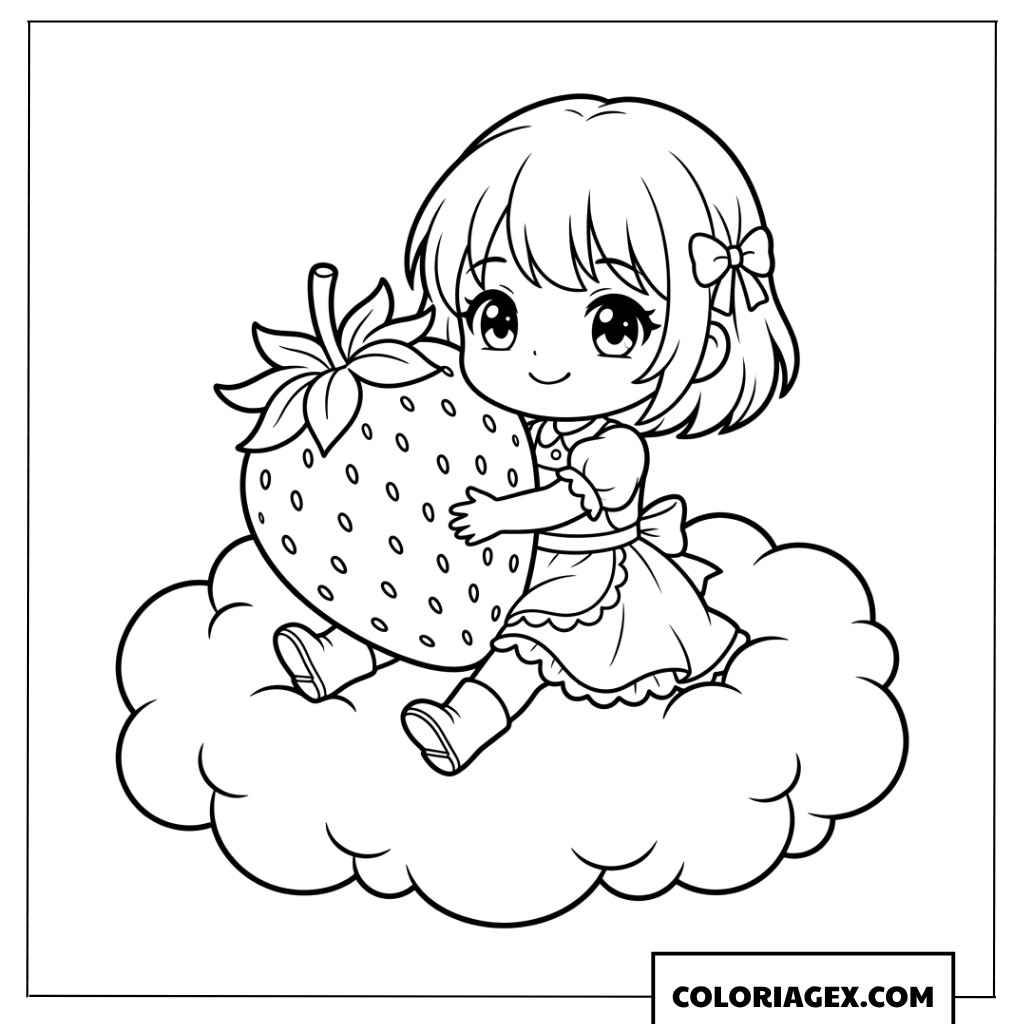 Coloriage d'une petite fille chibi tenant une fraise géante