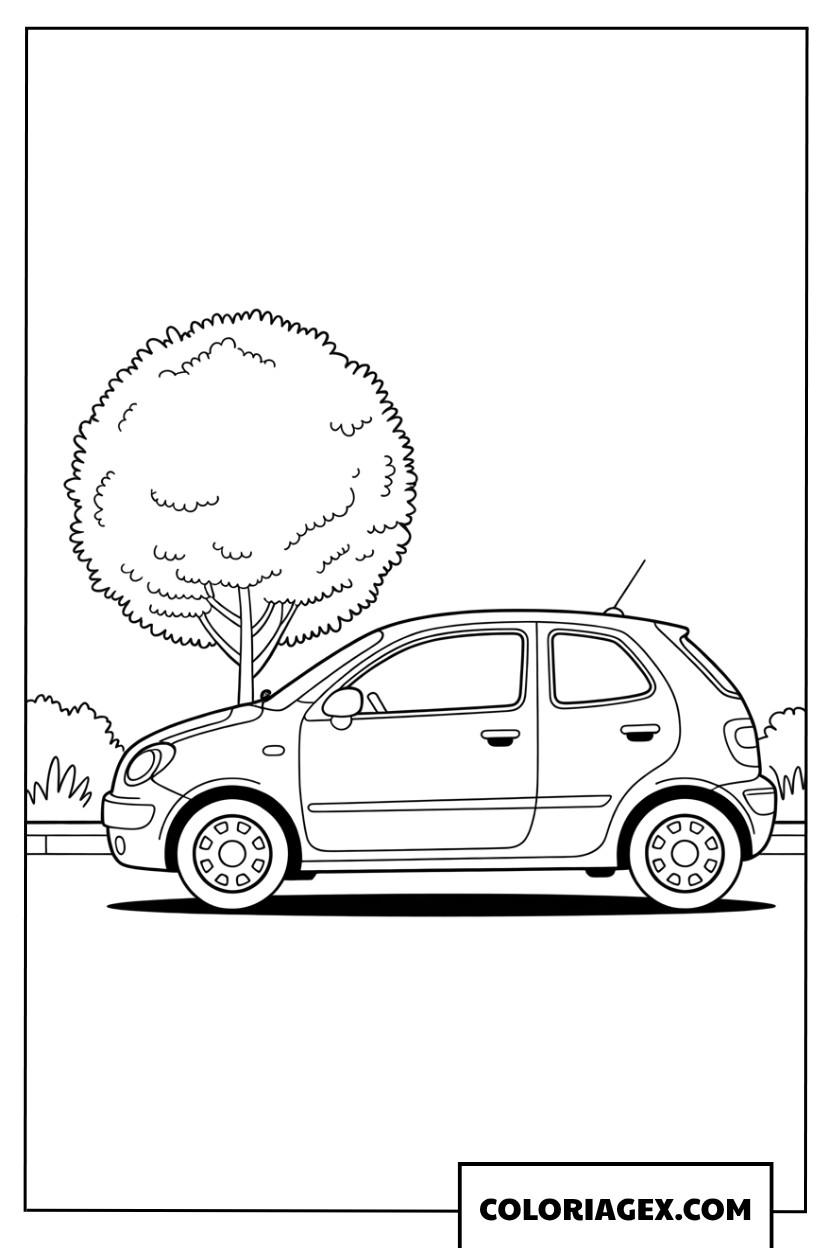 Coloriage dune petite voiture garée près dun arbre