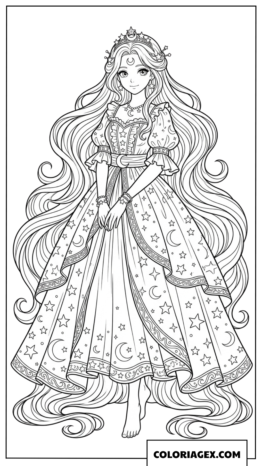 Coloriage d'une princesse anime en robe étoilée