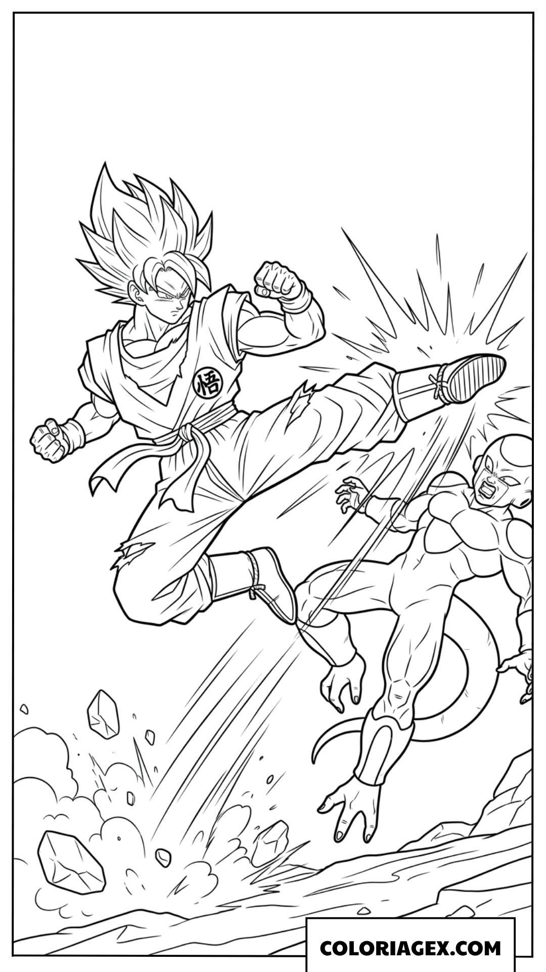 Coloriage d'une scène de combat intense de Goku