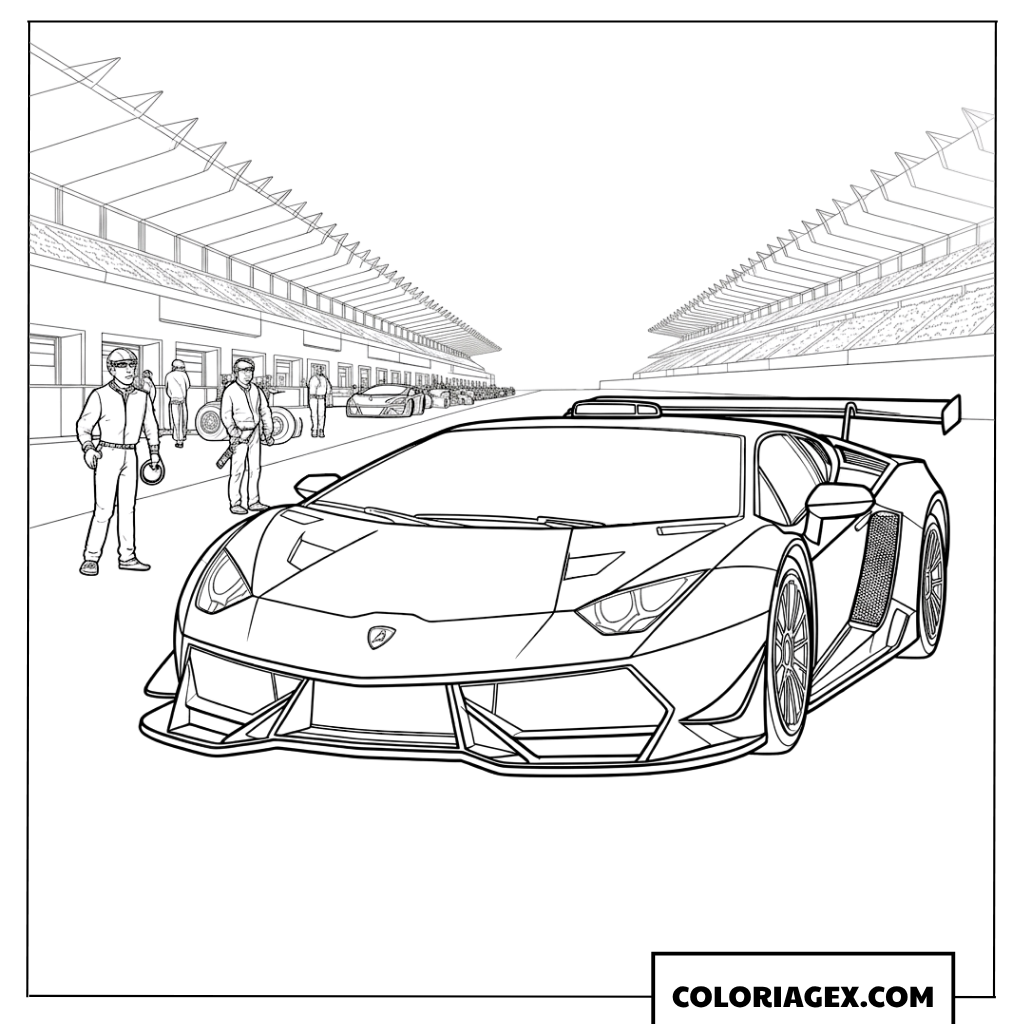 Coloriage d'une supercar Lamborghini dans la zone des stands