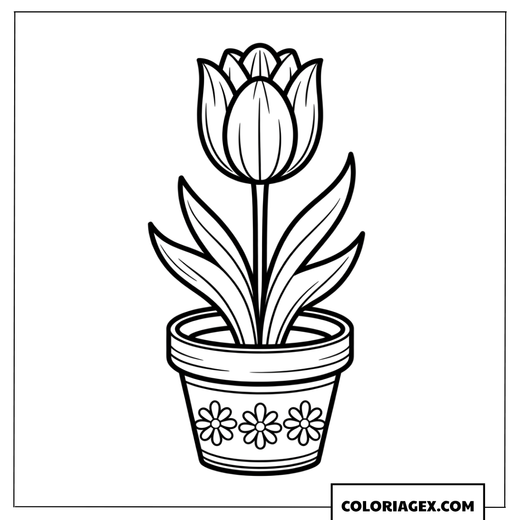 Coloriage d'une tulipe élégante dans un pot décoré