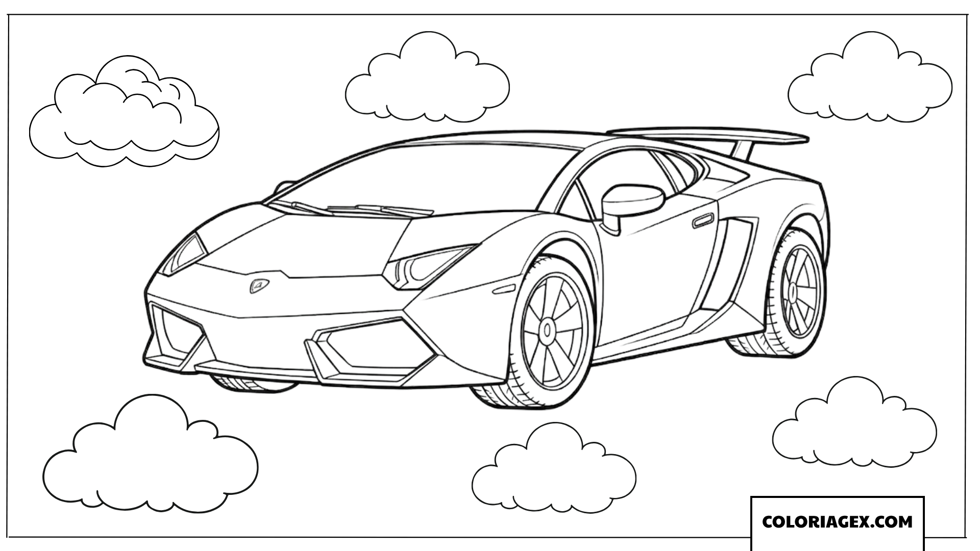 Coloriage d'une voiture Lamborghini volant parmi les nuages