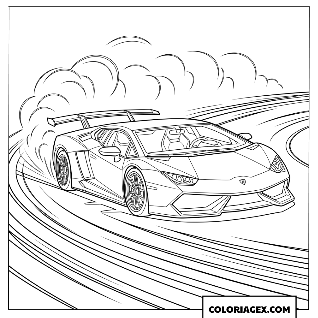 Coloriage d'une voiture de course Lamborghini en drift sur circuit