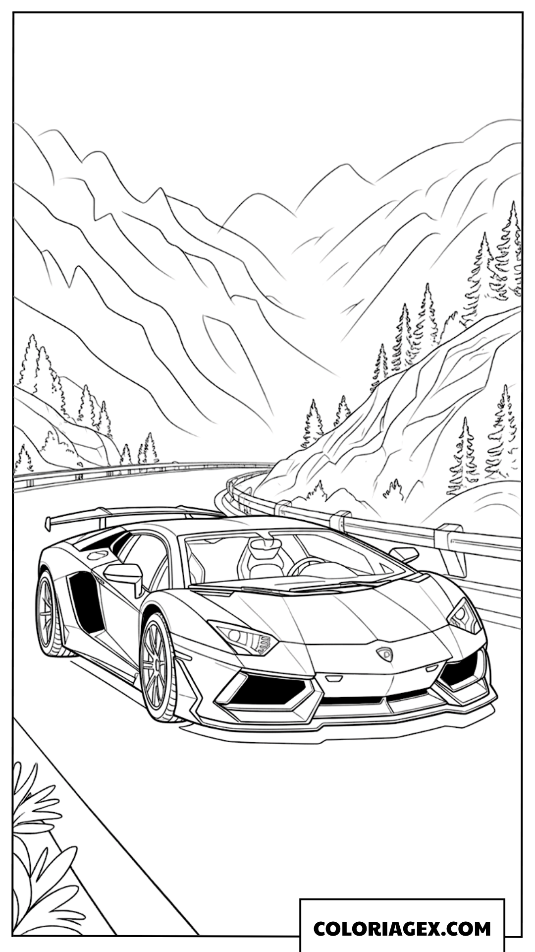 Coloriage d'une voiture de course Lamborghini en montagne