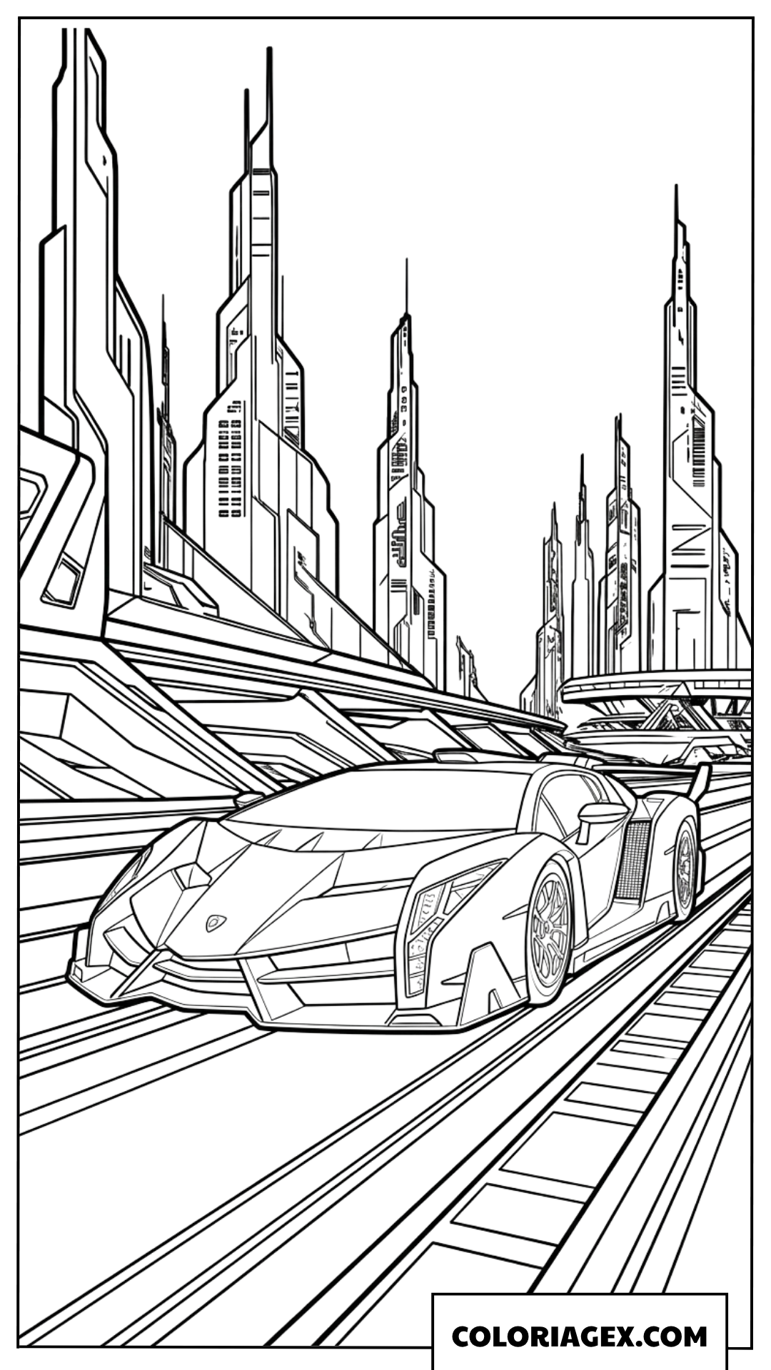 Coloriage d'une voiture de course Lamborghini en ville futuriste