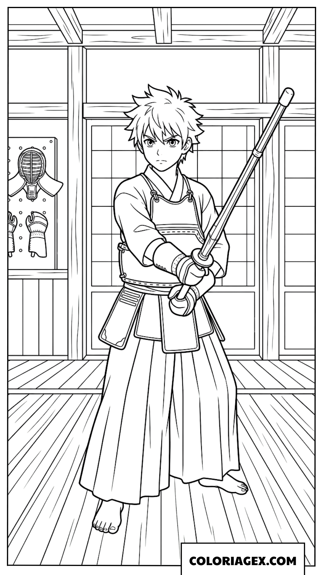 Coloriage jeune garcon pratiquant le kendo