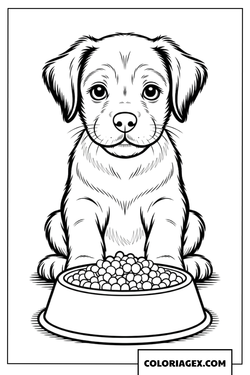 Coloriage petit chiot prêt pour son délicieux repas