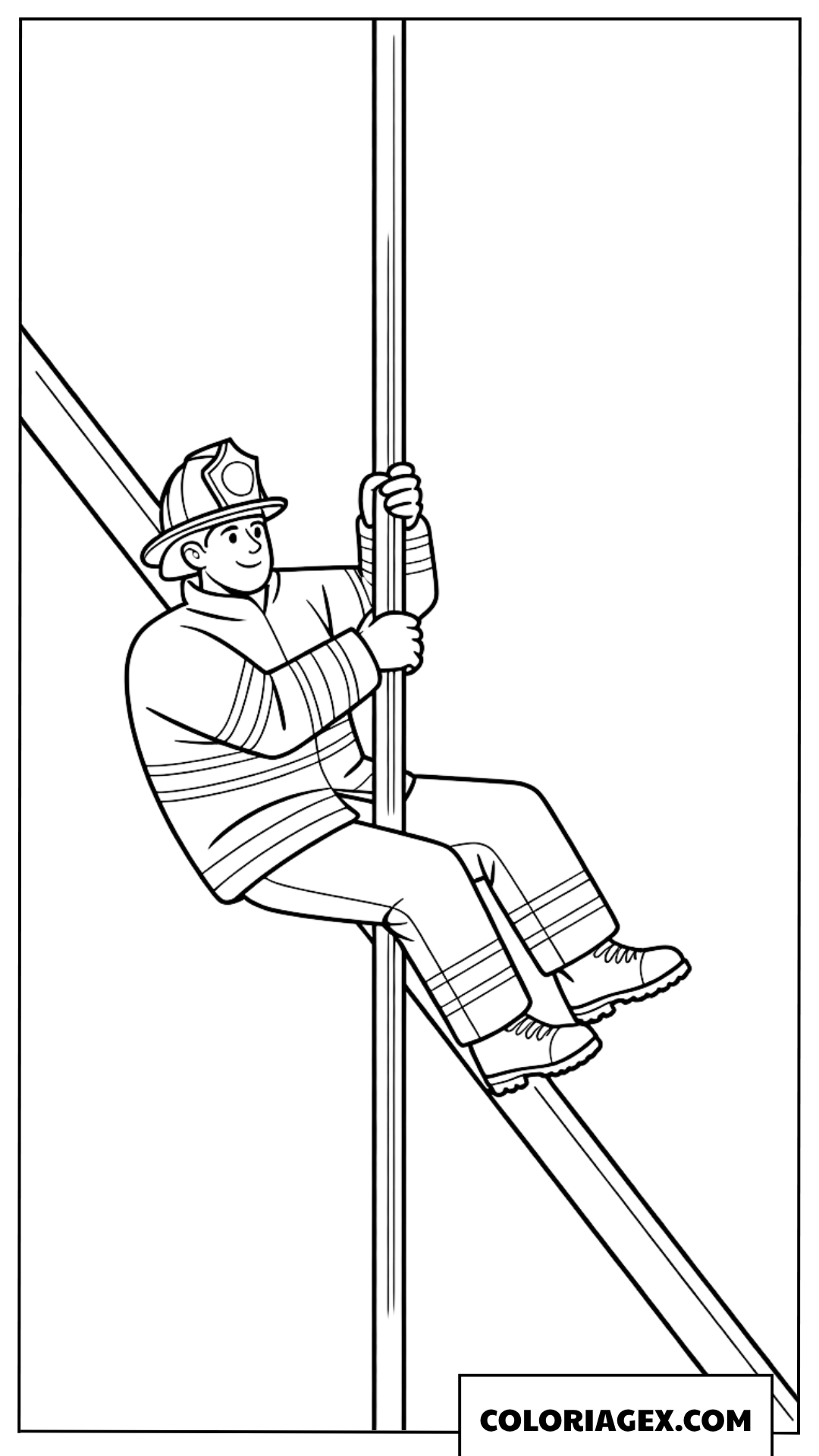 Coloriage pompier glissant sur la barre de secours