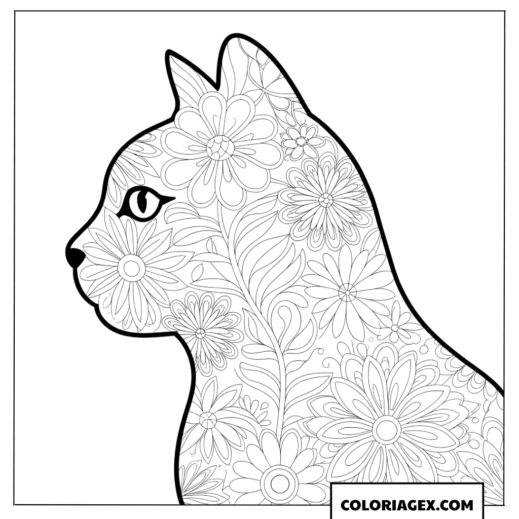Coloriage silhouette de chat remplie de fleurs et Mandala
