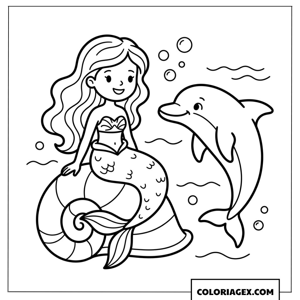 Coloriage sirene assise sur un grand coquillage et dauphin