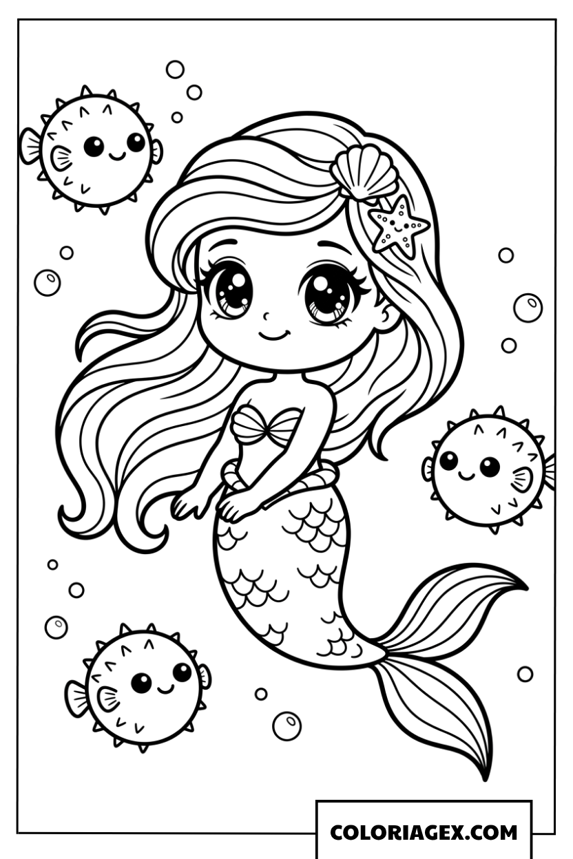 Coloriage sirene chibi mignonne avec des poissons globes