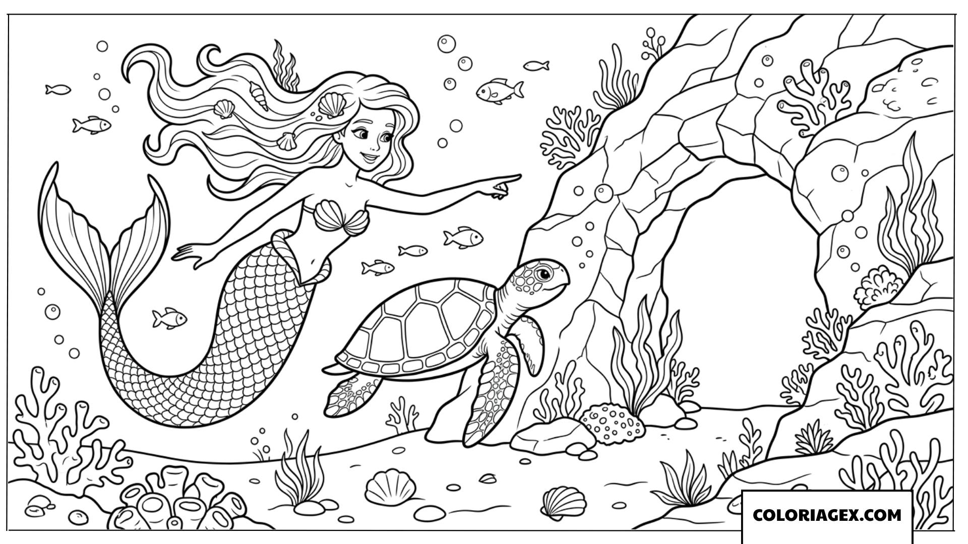 Coloriage sirene indiquant le chemin vers une grotte sous marine