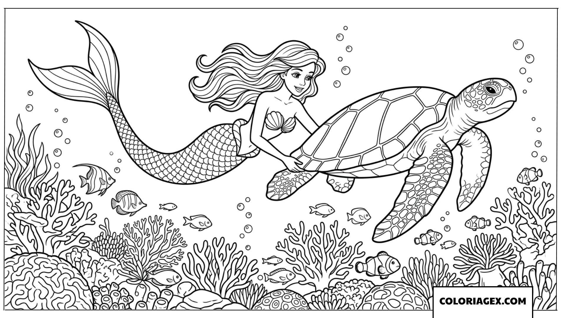 Coloriage sirene nageant doucement avec une grande tortue marine