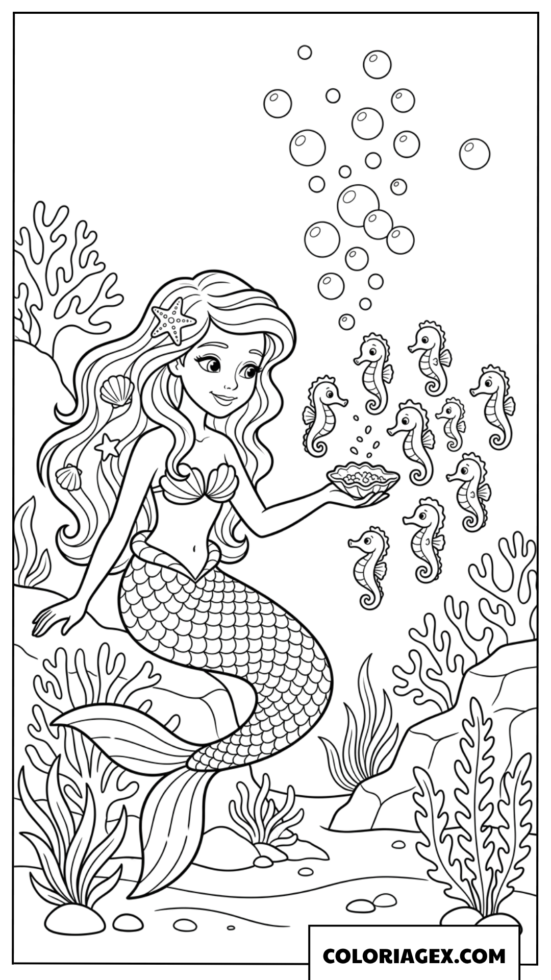 Coloriage sirene nourrissant un groupe d hippocampes près du recif