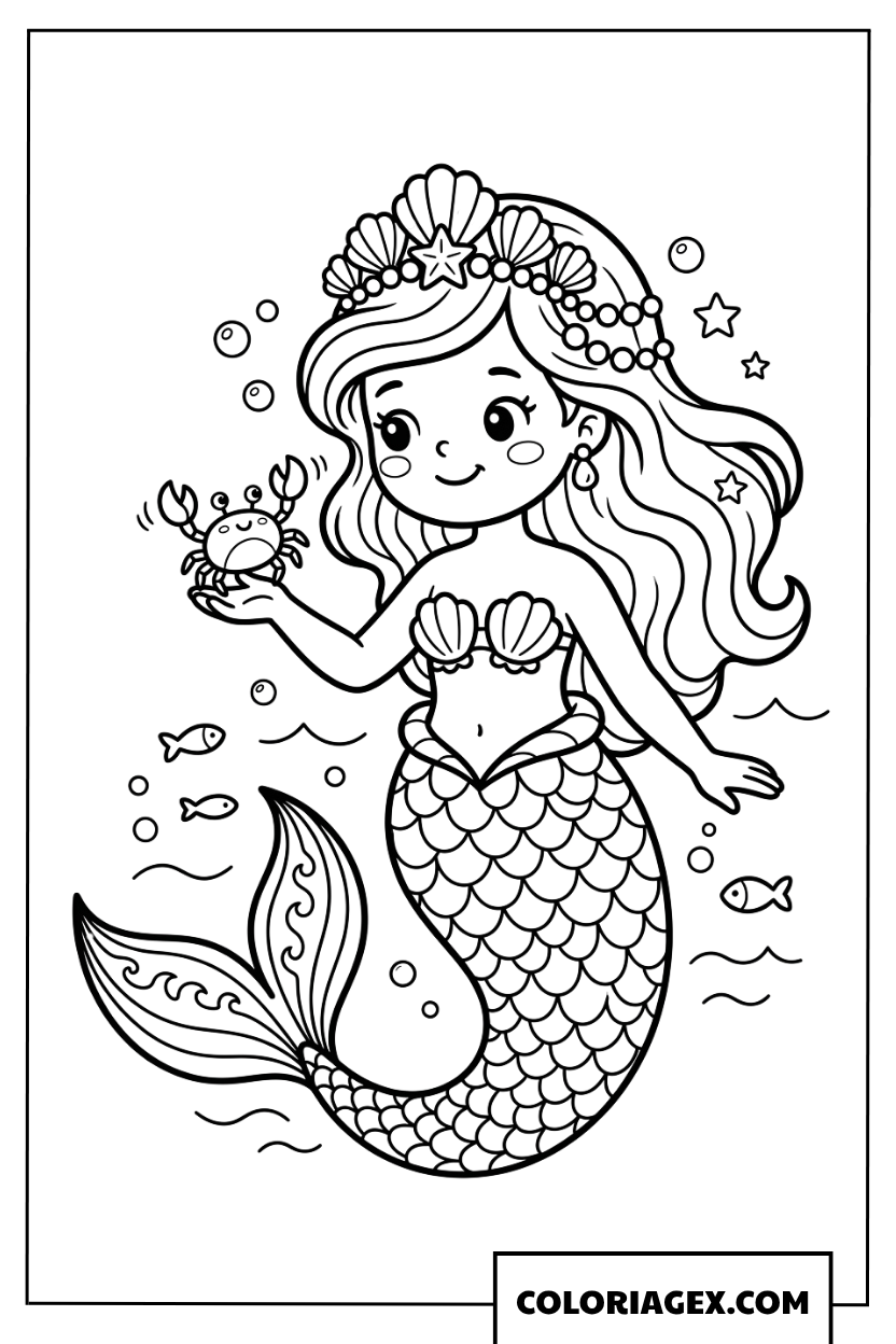 Coloriage sirene portant une couronne de coquillages et crabe