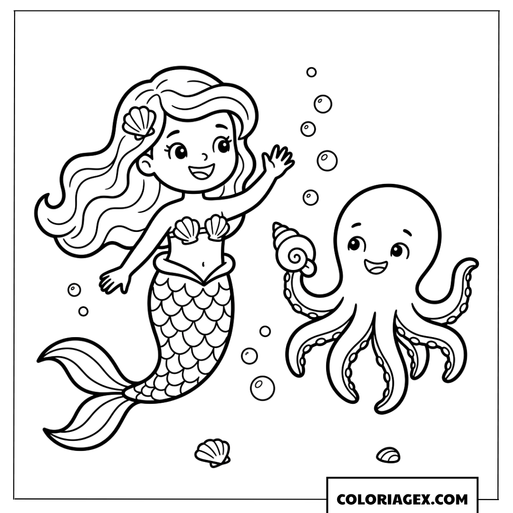 Coloriage sirene saluant une petite pieuvre amicale
