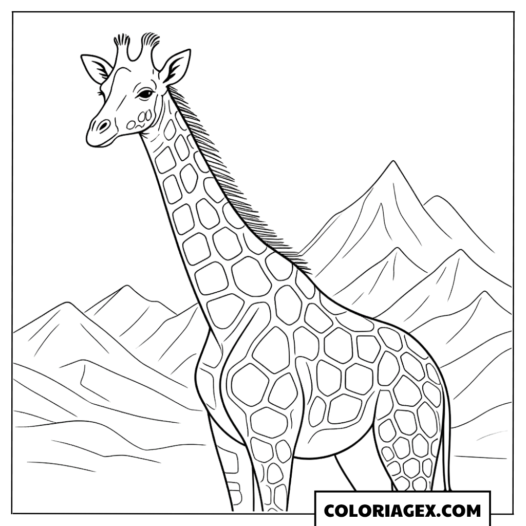 Coloriage Girafe devant les montagnes