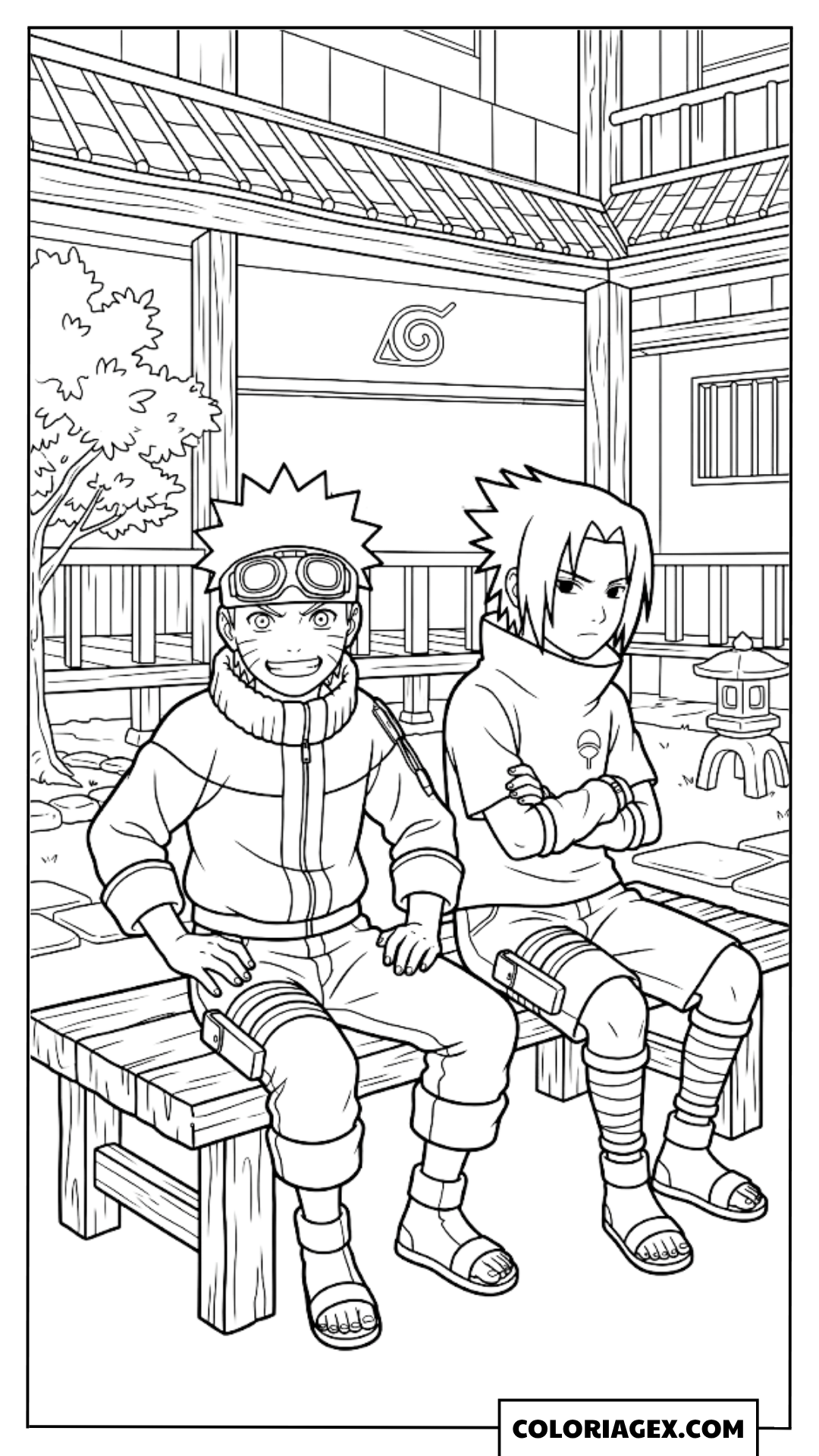Coloriages Naruto et Sasuke assis sur un banc