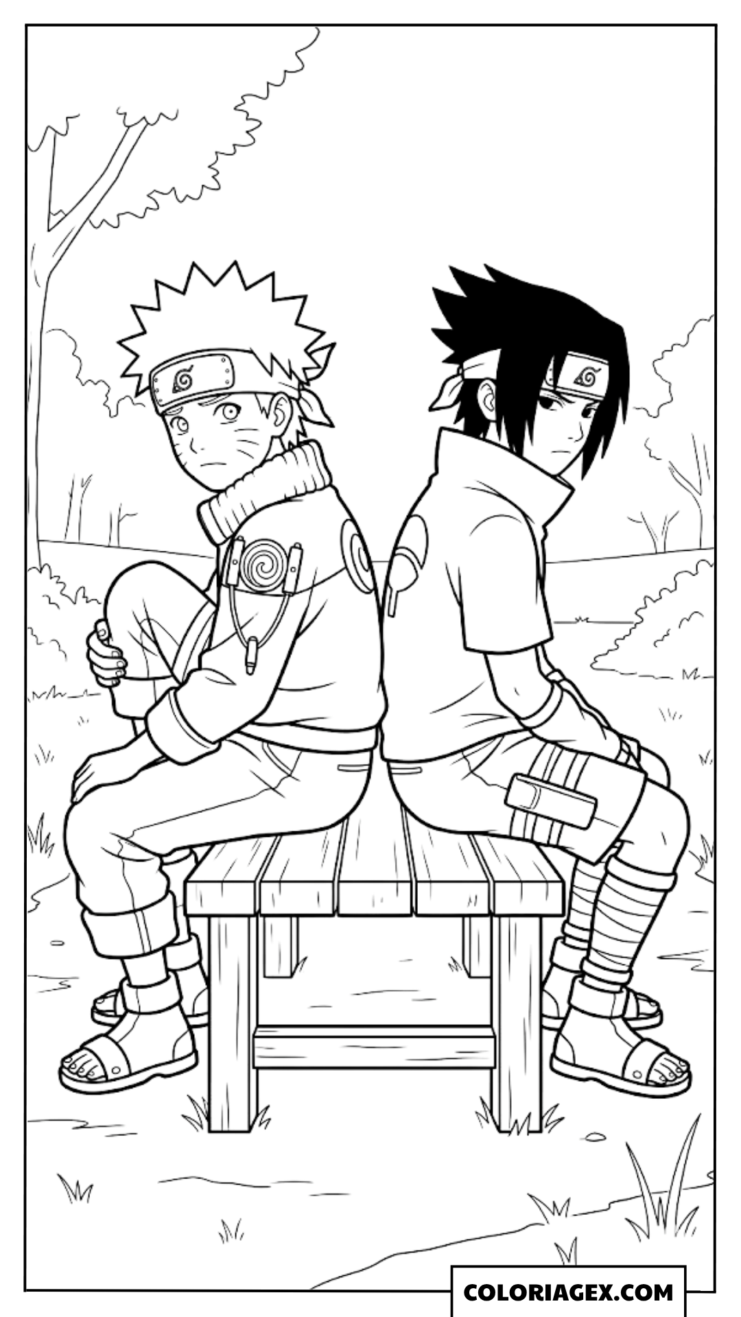 Coloriages Naruto et Sasuke assis sur un banc