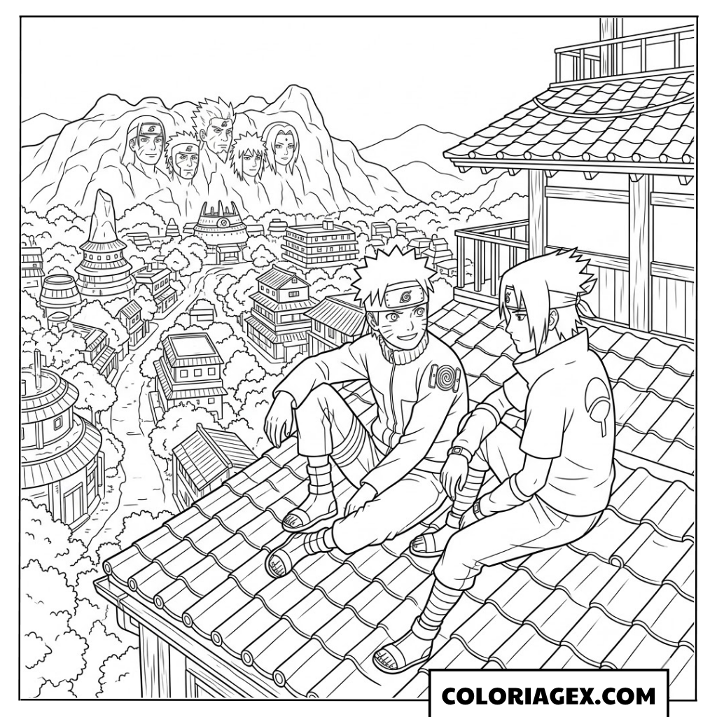 Coloriages Naruto et Sasuke assis sur un toit