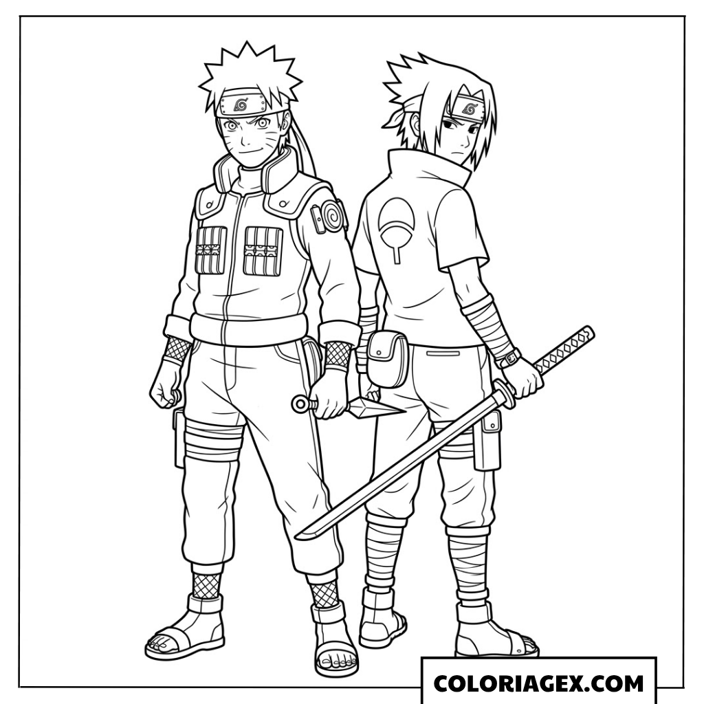 Coloriages Naruto et Sasuke dos à dos