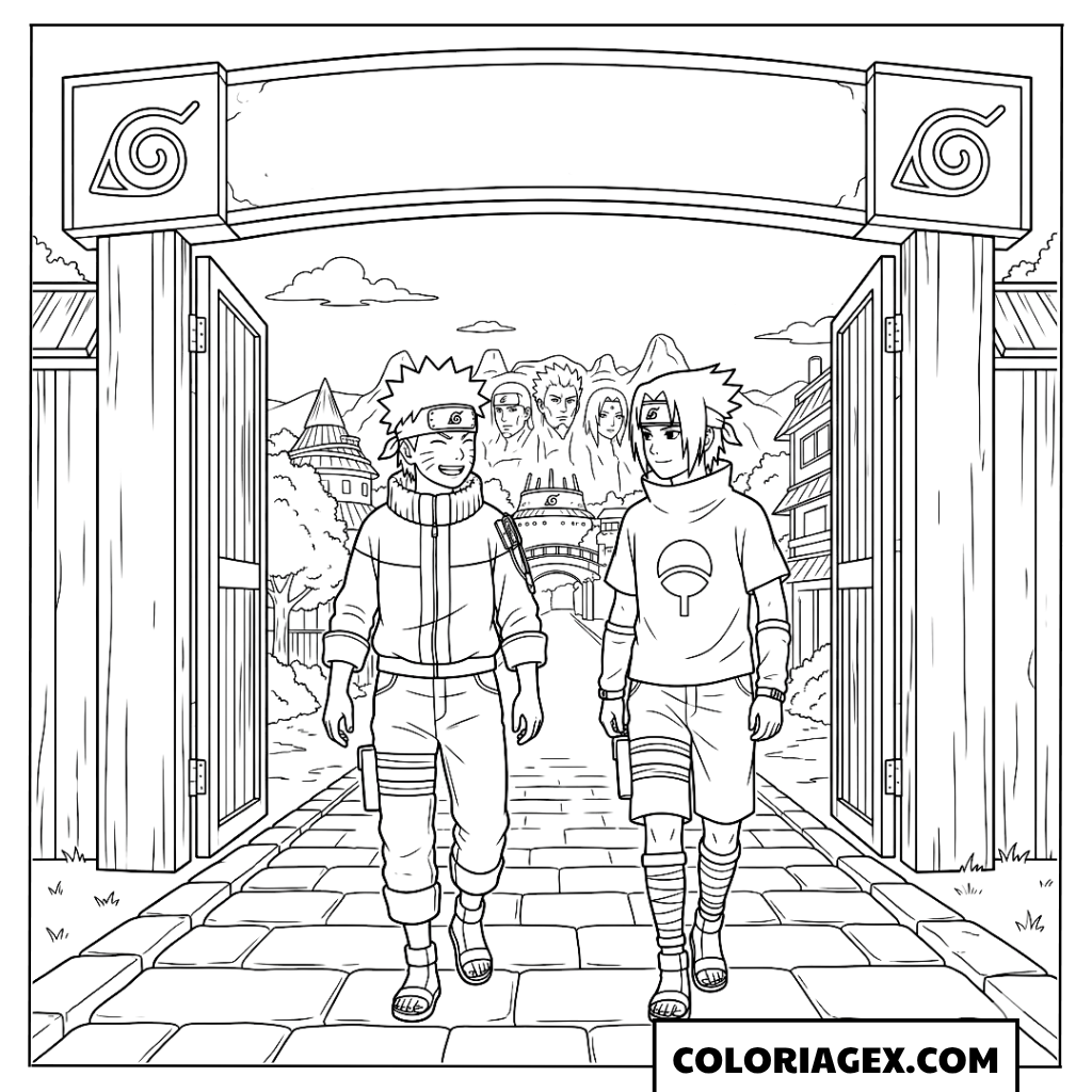 Coloriages Naruto et Sasuke entrant dans le village de Konoha