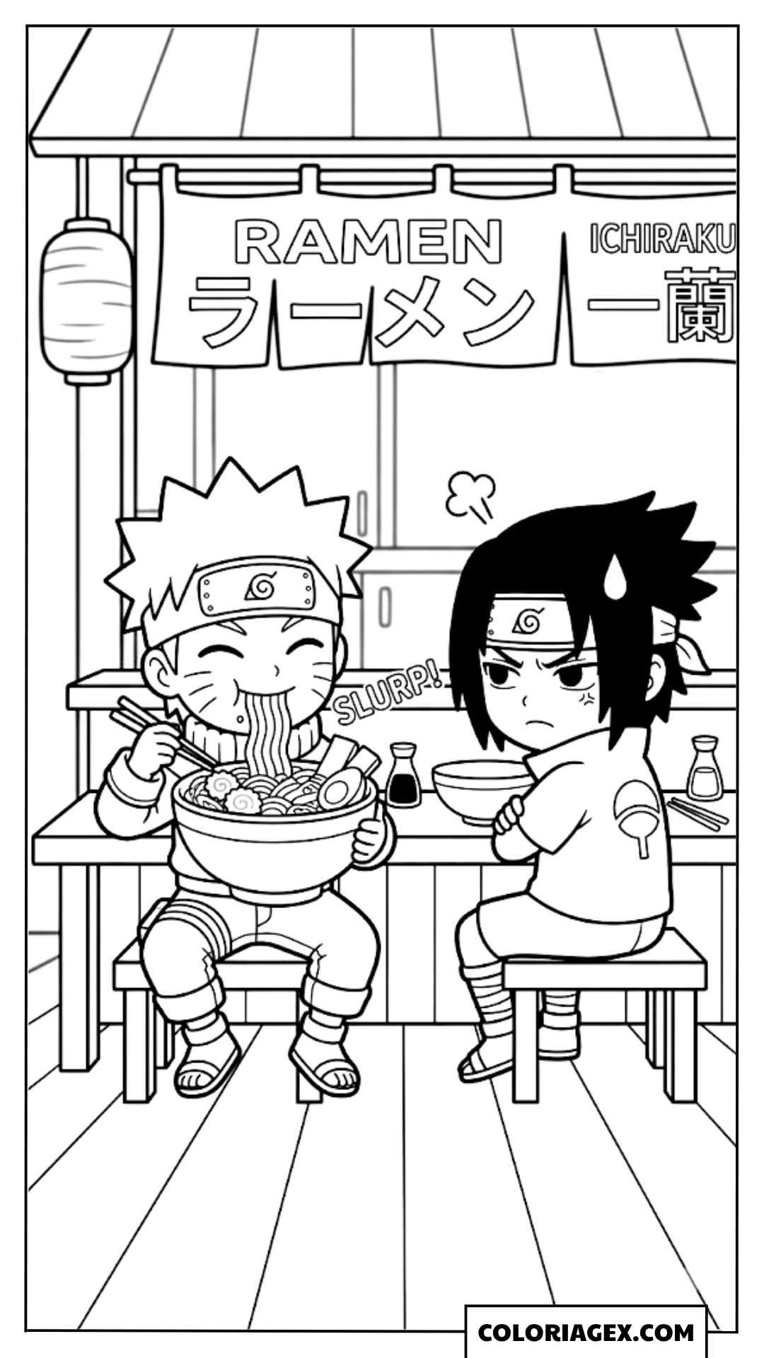 Coloriages Naruto et Sasuke mangeant des ramens