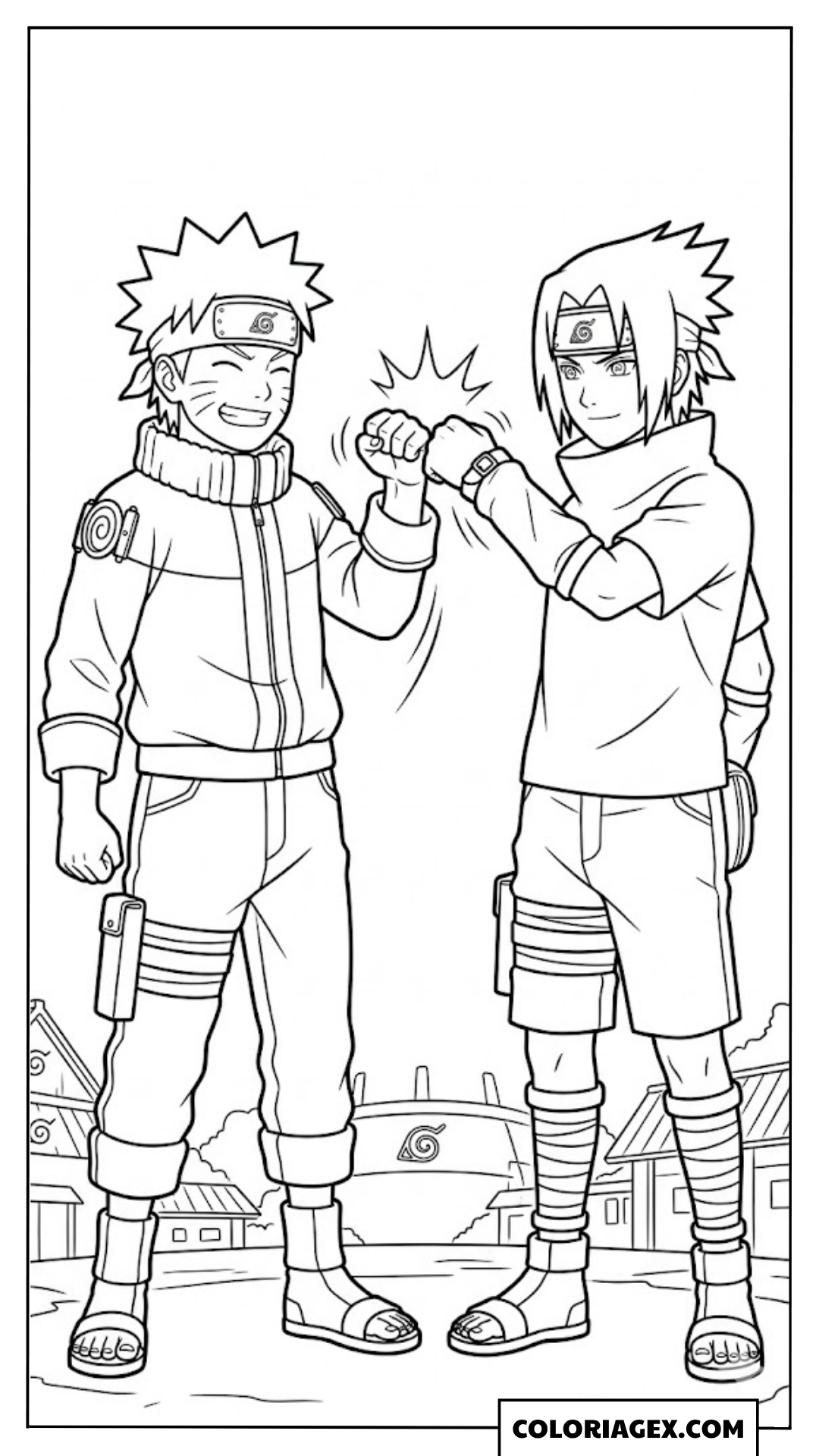 Coloriages Naruto et Sasuke réalisant des signes de main