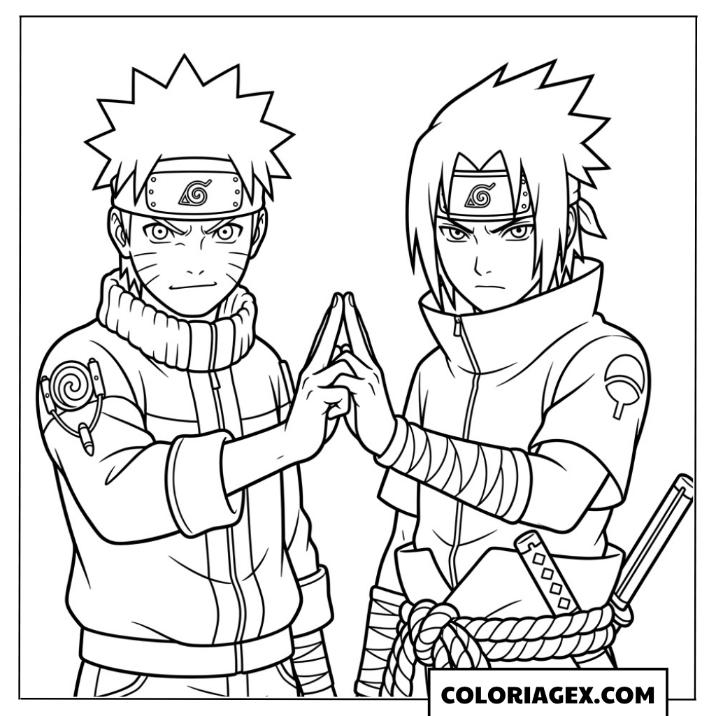 Coloriages Naruto et Sasuke réalisant des signes de main