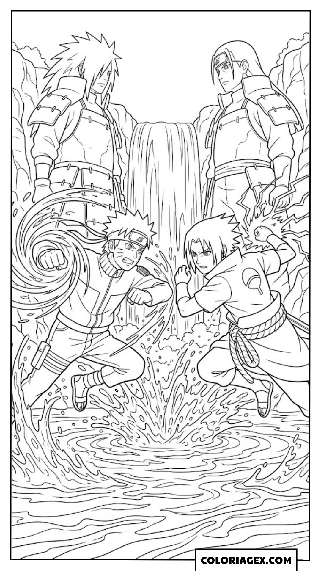 Coloriages scène de combat Naruto et Sasuke