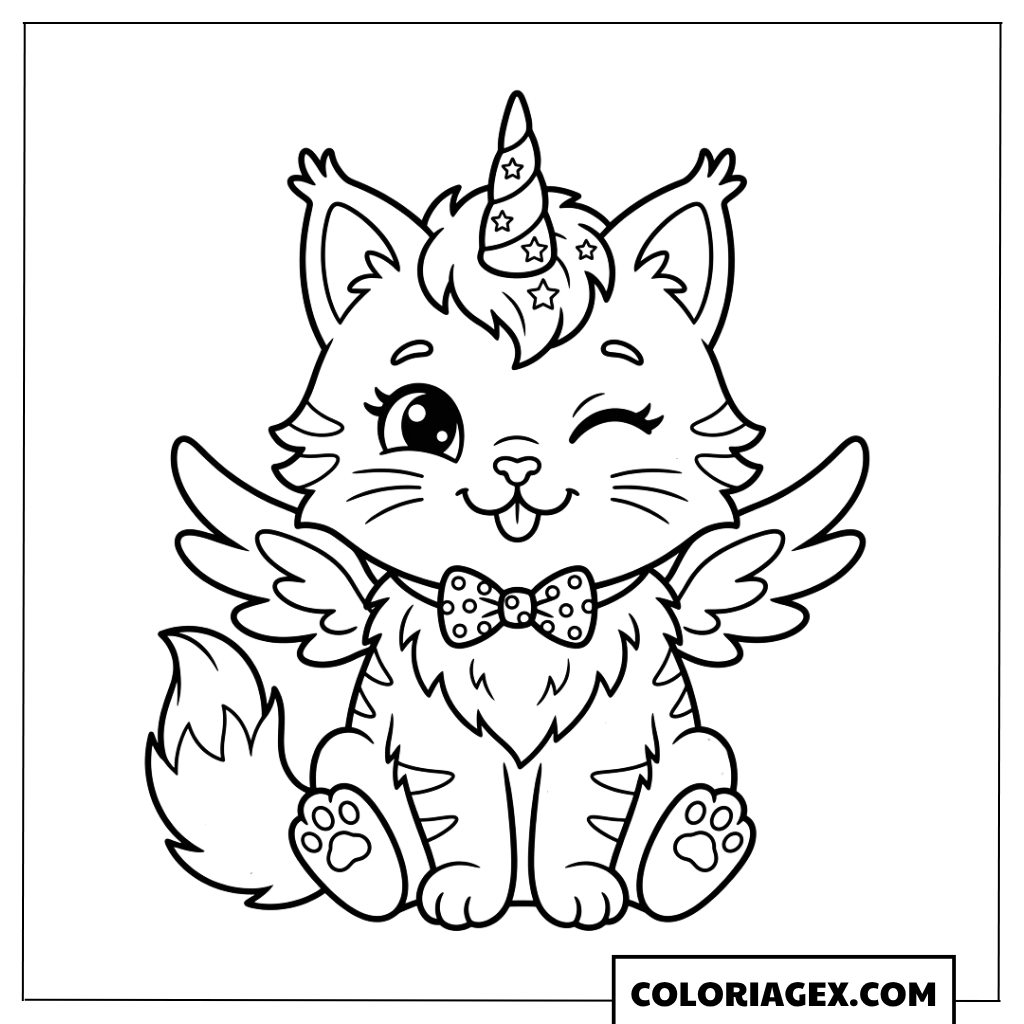 Coloriagex Chat licorne ailé nœud