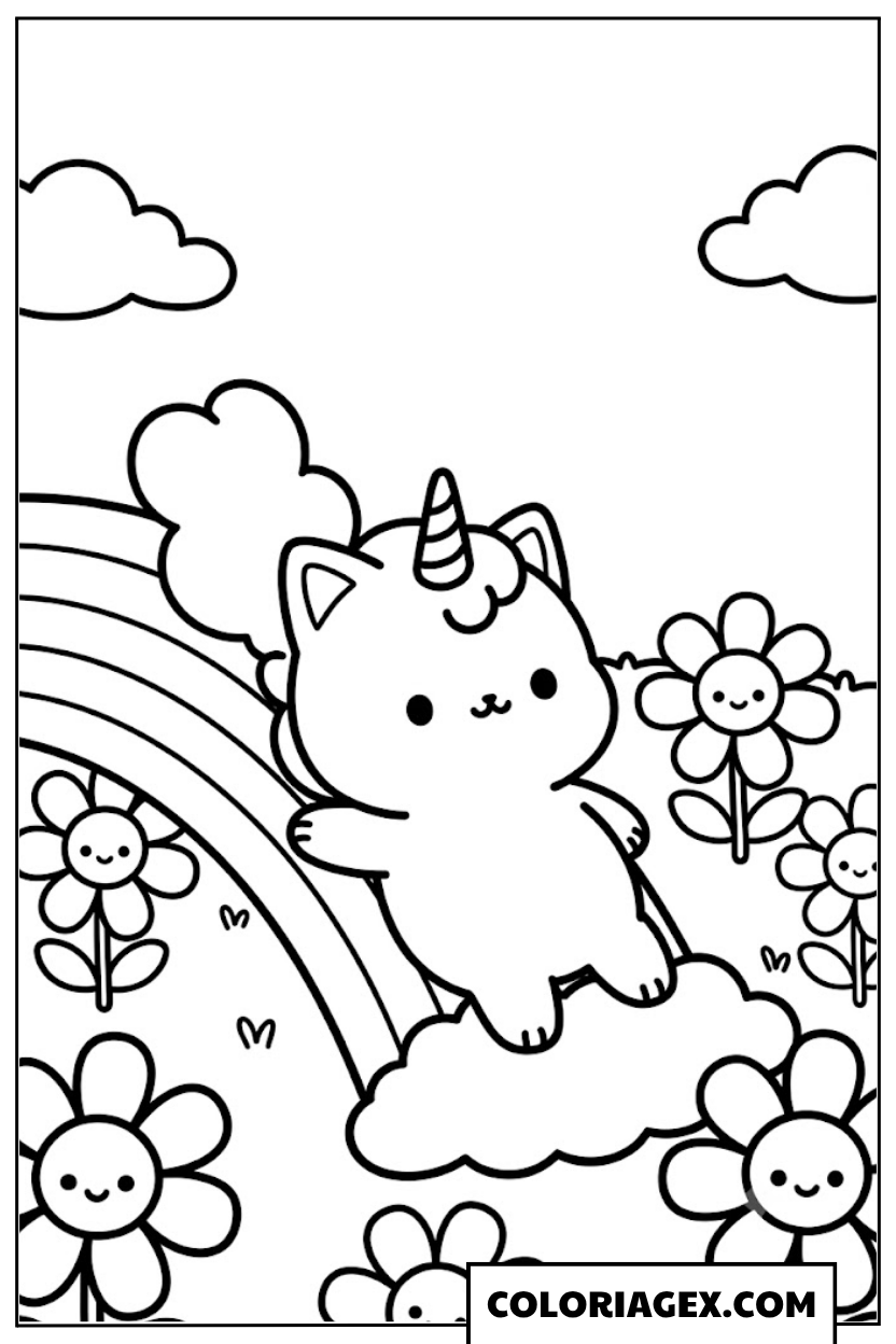 Coloriagex Chat licorne arc-en-ciel fleurs