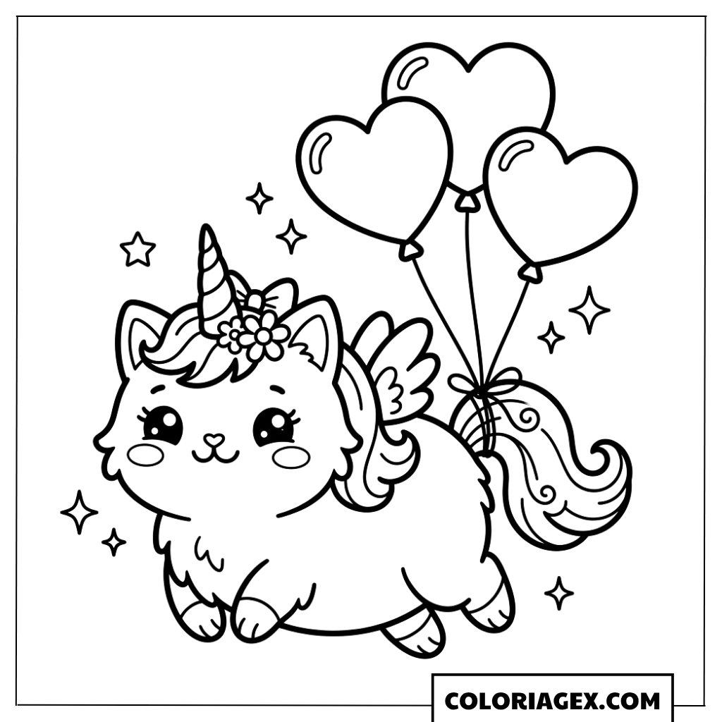 Coloriagex Chat licorne ballons cœur