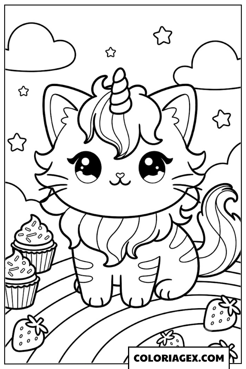 Coloriagex Chat licorne cupcakes arc-en-ciel