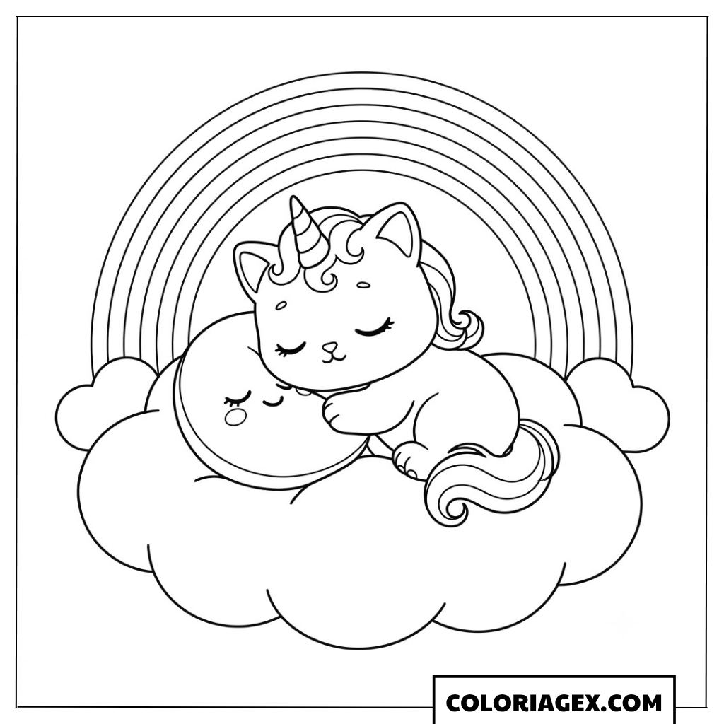Coloriagex Chat licorne dormant nuage