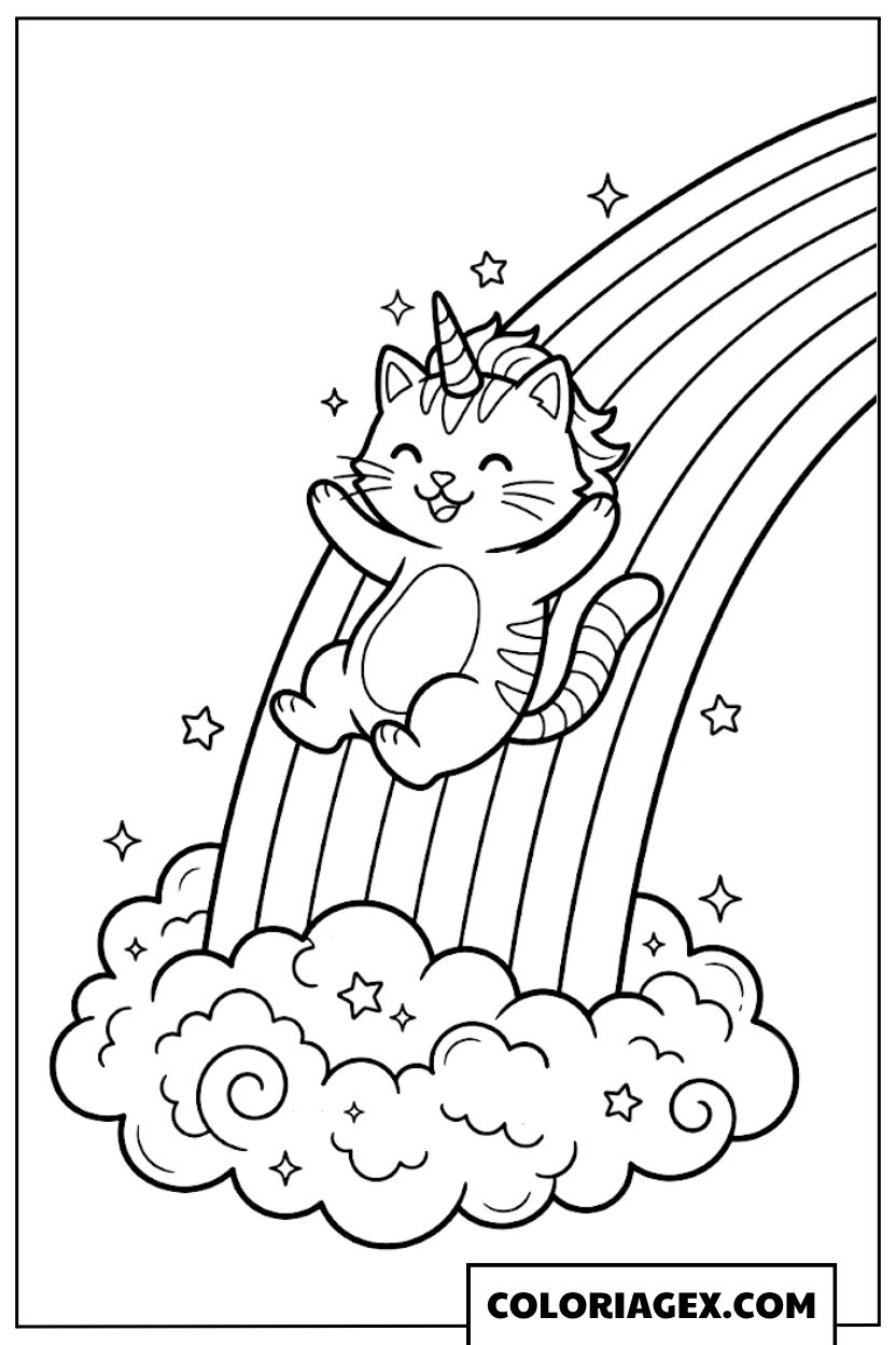 Coloriagex Chat licorne glissant arc-en-ciel
