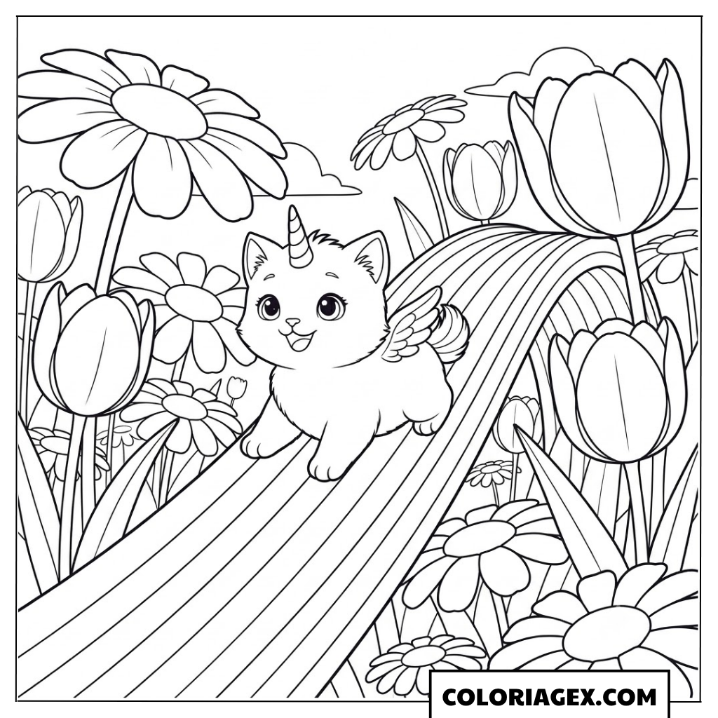 Coloriagex Chat licorne jardin tulipes