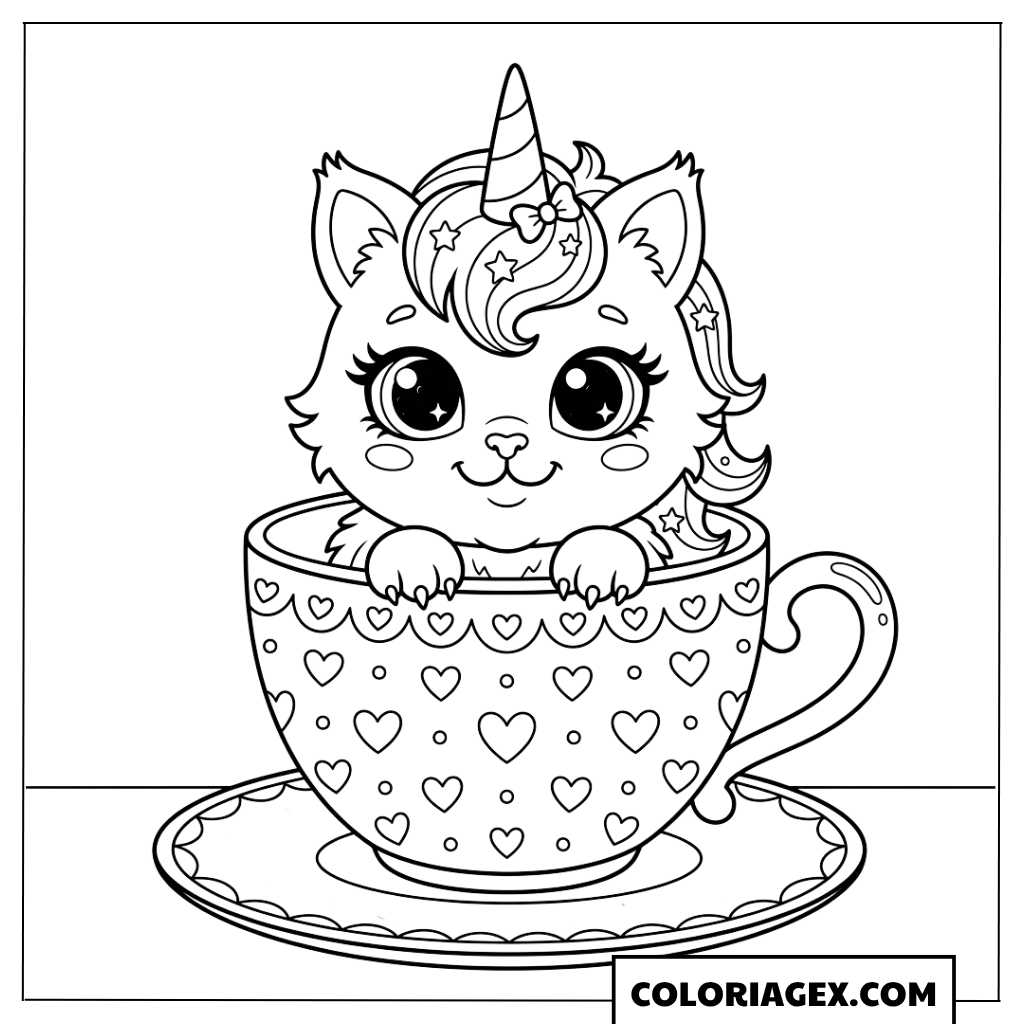 Coloriagex Chat licorne kawaii dans tasse