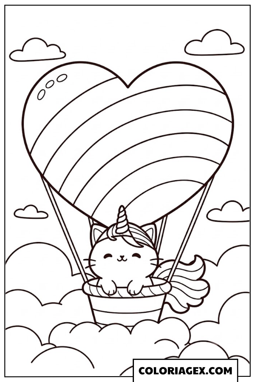 Coloriagex Chat licorne montgolfière cœur