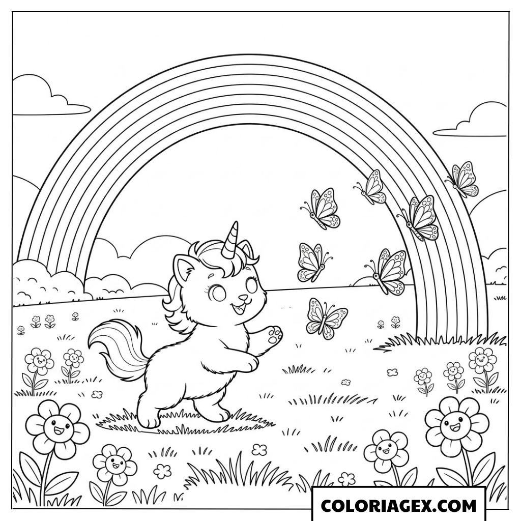 Coloriagex Chat licorne papillons arc-en-ciel